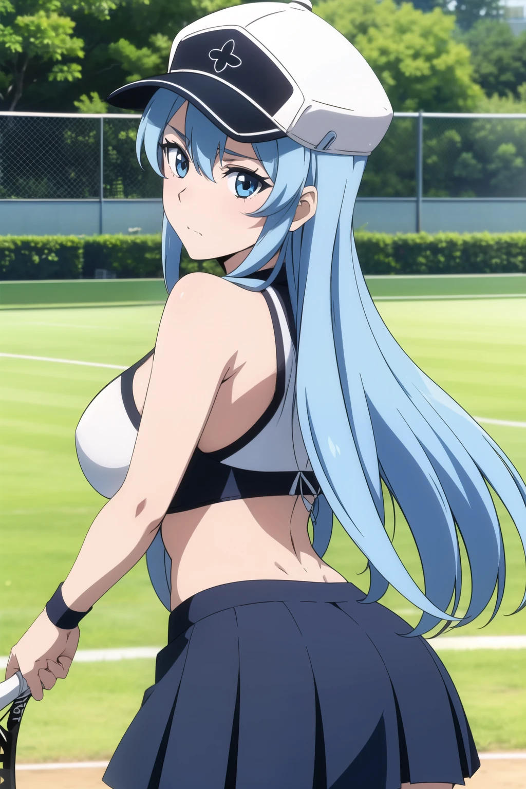 1girl, esdeath, long hair, light blue hair, big breasts, looking at viewer, embarrassed, big breasts, (bare ass)), TENIS SKIRT, PLAYING COURT TENIS, TENIS CONCEPT, TENIS HAT, TIGHT WHITE TENIS BRA, UPPER BODY, FRONT