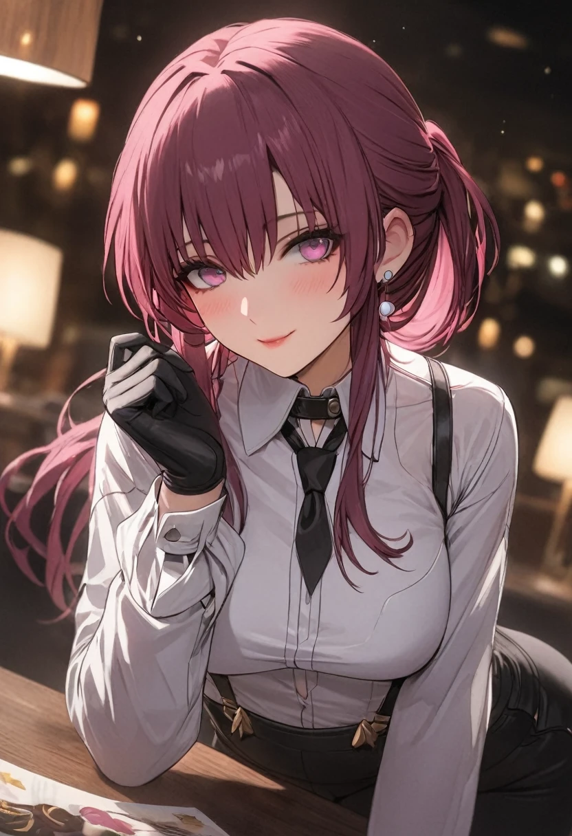 (best quality, masterpiece), 1women ,4k, 8k, uhd, hdr, detailed background, dark pink hair, high pony tail , wearing a white button-up shirt with a black tie, black suspenders over the shirt, black gloves, black pants, , full body, kafka_\(honkai:_star_rail\)
