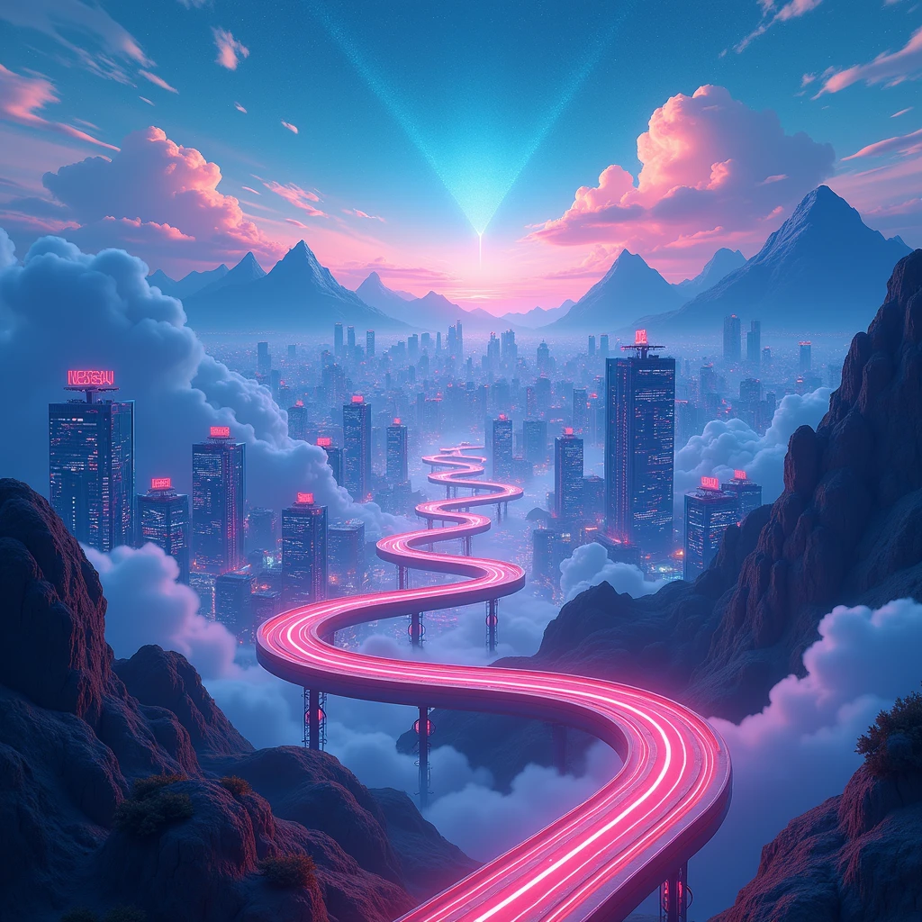 Vibrant cyberpunk cityscape of endless blue skies and neon-lit landscapes, where glowing circuitry pathways weave through a futuristic metropolis, featuring winding running tracks, pulsing connection buttons, and billowy data clouds drifting lazily by, amidst a tapestry of fantastical floating icons representing a myriad of network devices, including sleek computers and sleek smartphones, set against a backdrop of majestic, dreamlike mountains and an infinite, starry expanse, where the boundaries of reality blur and the infinite possibilities of the digital realm unfold.