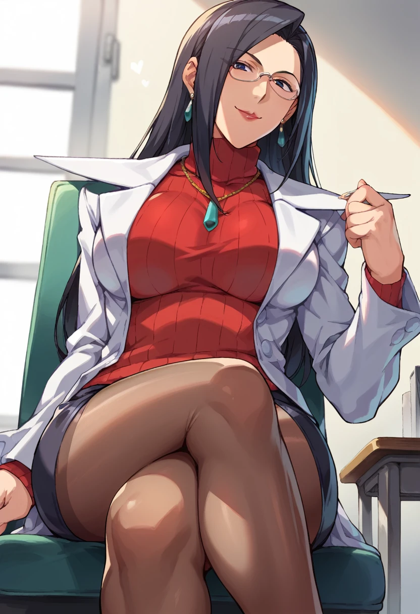 score_9, score_8_up, score_7_up, score_6_up, source_anime, BREAK 1girl, solo,seductive smile,mkyouko, black hair, glasses, earrings, necklace, labcoat, red sweater, turtleneck, black miniskirt, pantyhose, big breasts, school,infirmary,chair,sitting, crossed legs,from below