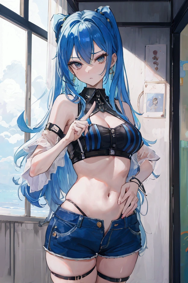 (Very high quality, detailed) A full body image of a pregnant girl wearing a sports bra, very thight shorts and glasses, she's standing barefoot and has very big breasts, long hair and a pretty thick body. She has her hands on her belly and her belly is uncovered