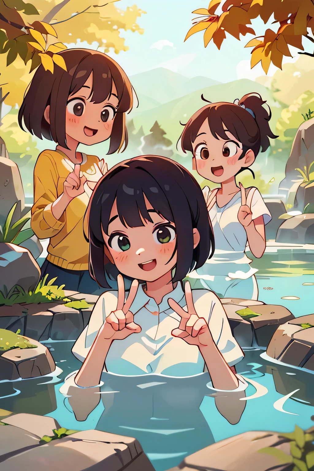 photoRealstic、Stand in front of the photo、laugh face、Water droplets on the cheeks、kawaii pose、Flowing Red Silk、bustup、Eye Up、Hibiscus petals、Blurring、brown haired、blue-sky、depth of fields、season!!: 夏☀ 🍂 ハイビスカス