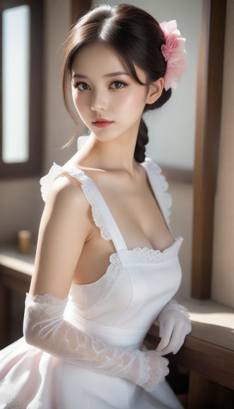 ((Realistic lighting, Best quality, 8K, Masterpiece: 1.3)), ((flat chest)), camisole,,Clear focus: 1.2, 1girl, Perfect Figure: 1.4, ((Dark brown hair)), (maid costume: 1.4), kitchen, Super fine face, Fine eyes, Double eyelids, (half body)