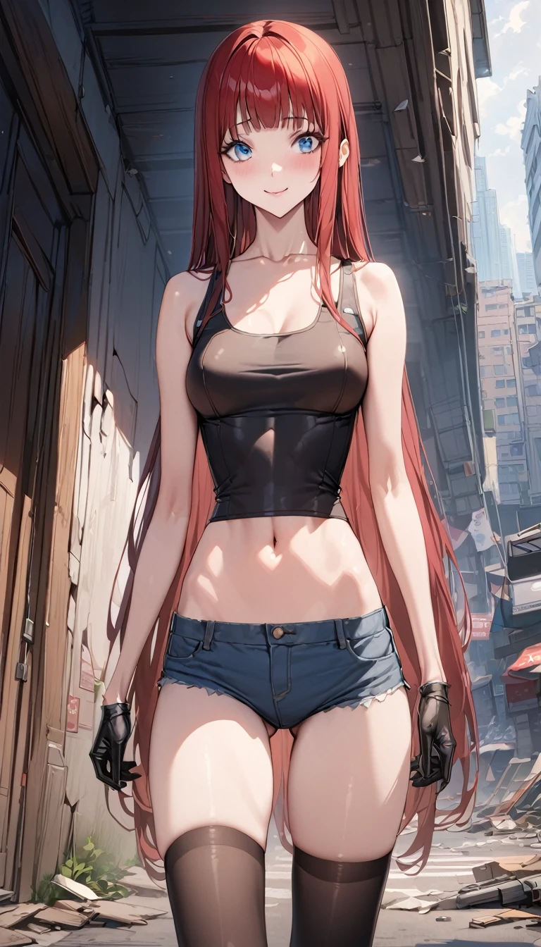 Action Scenes、((masterpiece,best quality anime:1.3,Best Quality)),realistic,cowboy shot,portrait,1woman,young adult,(red hair),(((verylong straight hair))),bangs,(very small head),blue eyes,(gorgeous big eyes),smile,(long body),medium breasts,(Combat Uniform、Black tank top、Denim shorts,black_thighhighs,),black Open-fingered gloves,toned body, standing,on street,Collapsed Buildings、Dilapidated cityscape、Urban city、Dynamic Angle、