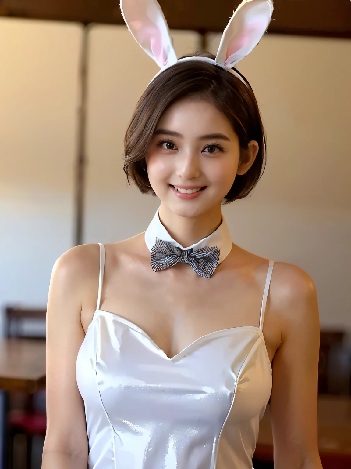 ((( best quality)))、(((Ultra-precision CG16K wallpaper)))、(((Super detailed)))、(((Mature 24 year old woman、one person:1.8)))、((Very beautiful Japanese face))、(((Zuo々Nozomi)))、(( short bob hair:1.4))、(Shiny brown hair)、(Sparkling Eyes)、Thin eyebrows、Seductive lips、((C cup size breasts ))、((Beautiful breasts))、((Beautiful Skin))、( cleavage)、 perfect proportions、 perfect anatomy、Perfect composition、 beautiful detailed shading、 beautiful natural lighting 、 beautiful details glow 、 natural light、Front lighting、 depth of field、Full screen image、((( high chroma)))、((( real:1.8)))、(((sharp:1.5)))、(((Upper body image:1.6)))、(((Front image:1.6)))、(((Smile)))、(((looking at me:1.8)))、(((background_ restaurant :1.2)))、( Standing Pose :1.6)、(((white bunny girl costume clothes:1.4)))、((Wear a bow tie))、