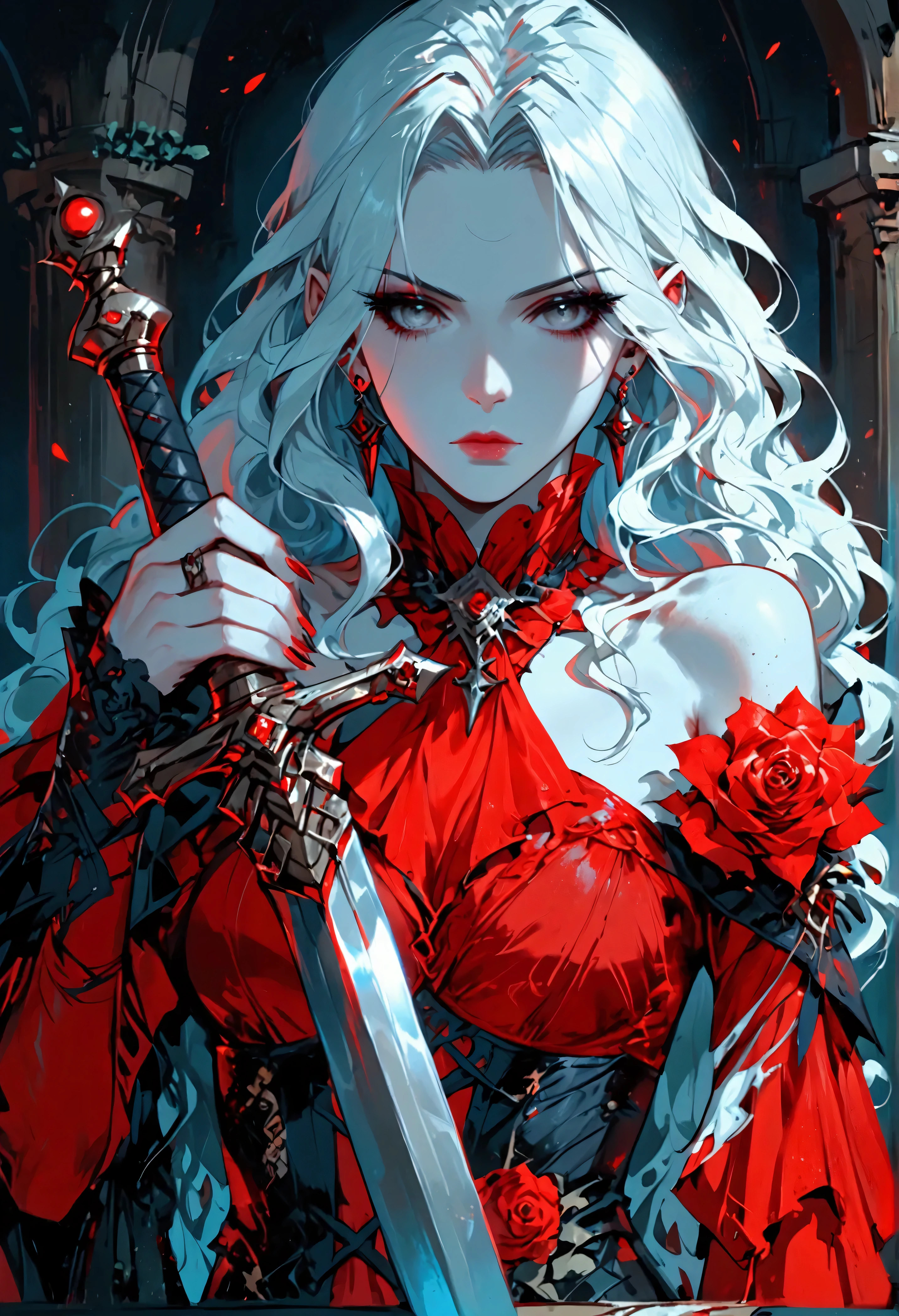 score_9, score_8_up, score_7 Arafed,  Dark fantasy art, fantasy art, goth art, a picture of a female vampire, (full body shot: 1.3) pale white skin, blond hair,  anatomically correct, Ultra detailed face, Best Detailed face, long hair, wavy hair, (glowing grey: 1.3) eyes, she wears a (red: 1.3) red thigh suit, she holds a sword in hand, (ready for battle: 1.4) , the roses are imprinted on the suit (black: 1.4) black roses, high heels, , dark glamour shot, dark castle, dark, black and color, swordsman