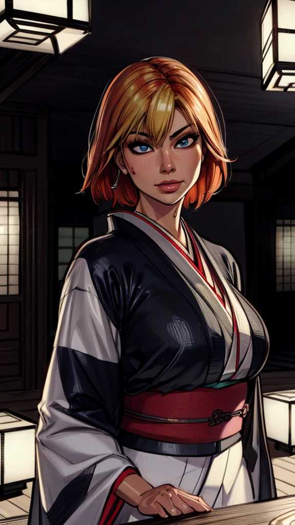 joanna dark, short hair, red hair, blonde hair, blue eyes, (((sexy kimono))), (((tanned skin))), ((fit body)), photorealistic, masterpiece, realistic, realism, photorealism, high contrast, photorealistic, 8k HD high definition detailed realistic, detailed, skin texture, hyper detailed, realistic skin texture, best quality, (photorealistic:1.4), high resolution, detailed, raw photo, photo realistic, (high detailed skin:1.2), 8k uhd, dslr, soft lighting, high quality, film grain, Fujifilm XT3), hyper realistic lifelike texture dramatic lighting unreal engine, even, neutral light, key light, bold, bright colours, (((japanese mansion, traditional japanese mansion))), in PIT-Erotic-style style