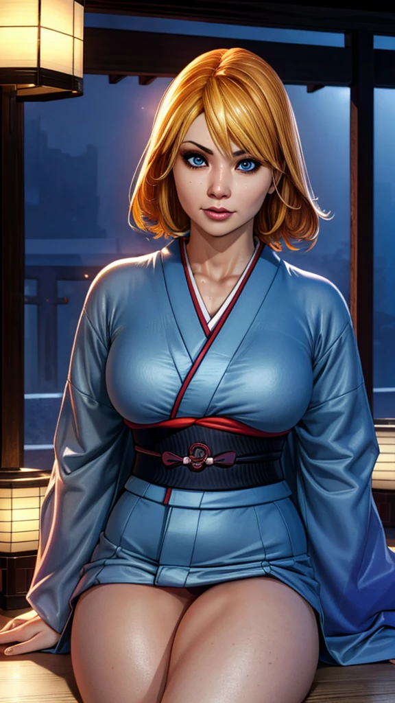 joanna dark, short hair, red hair, blonde hair, blue eyes, (((sexy kimono))), (((tanned skin))), ((fit body)), photorealistic, masterpiece, realistic, realism, photorealism, high contrast, photorealistic, 8k HD high definition detailed realistic, detailed, skin texture, hyper detailed, realistic skin texture, best quality, (photorealistic:1.4), high resolution, detailed, raw photo, photo realistic, (high detailed skin:1.2), 8k uhd, dslr, soft lighting, high quality, film grain, Fujifilm XT3), hyper realistic lifelike texture dramatic lighting unreal engine, even, neutral light, key light, bold, bright colours, (((japanese mansion, traditional japanese mansion)))