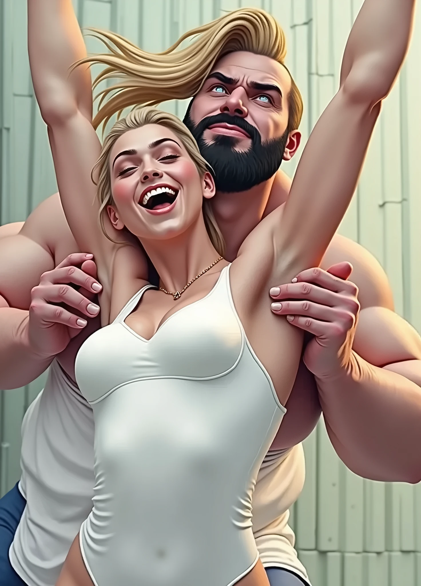(muscular bride lifting smaller groome) hyperrealistic art cinematic film still lower angle photography in the style of detailed hyperrealism photoshoot . (widehips) Extremely high-resolution details, photographic, realism pushed to extreme, fine texture, incredibly, blonde woman, ((detailed defined toned vascular massive muscles and large breasts)), ((red lipstick horny smile)), detailed lingerie widehips narrow waist ((very long hair down to hips)), big lips, wide sultry smile, ) feminine and muscular, , bursting with muscles, very realistic, extreme muscles, strong and imposing, super realistic photo, large muscles