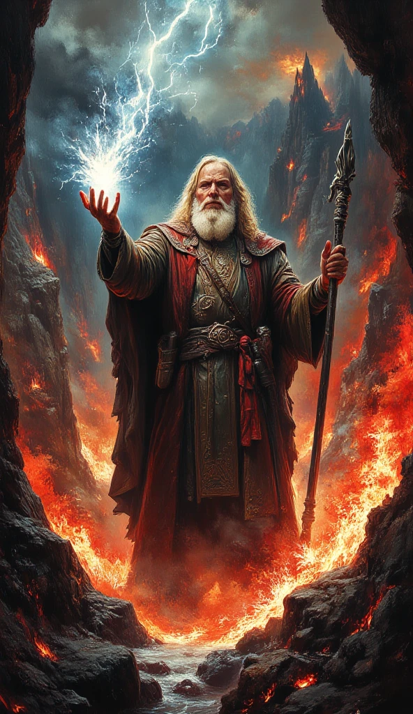 1970s paperback fantasy, a bearded wizard casting lightning from his hand, standing in the middle of an endless pit full of lava and fire