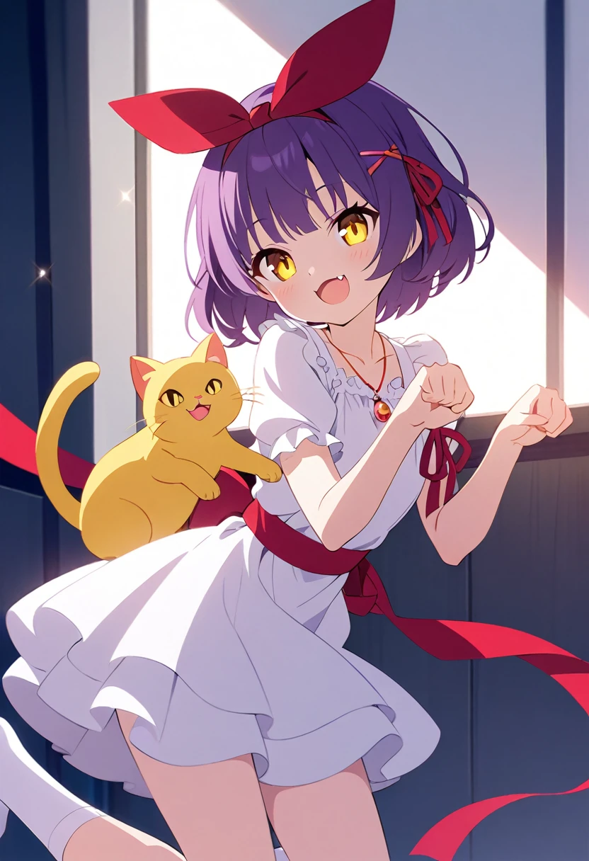  best quality、 1 girl、Very young、 short hair、 Big Ribbon Hair Ornament 、Purple Hair、Yellow cat eyes 、Cute Fangs、Red Ribbon Necklace 、 Red and White Dress、 holding white socks 、Cat Pose、smile、Shade、 Light Shines In 