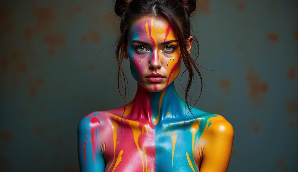 beautiful woman, ink spatter, swirly vibrant colors, rainbow colors, whole body, gorgeous face, short rainbow hair, bodypaint, 23 year old