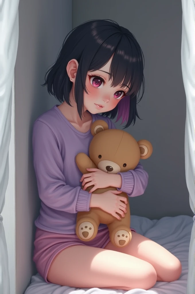 Perfect lighting, masterpiece, detailedeyes, Bestquality, ultrahighres, deepshadow, Indoor, 1girl, During the day, Sit on the bed, Window, Cherry blossom, Falling petals, Holding a teddy bear, cinematic lighting, god rays, Realism, Fujicolor, cowboy shot, UHD, ccurate, super detail, award winning, 8k, HD, retina