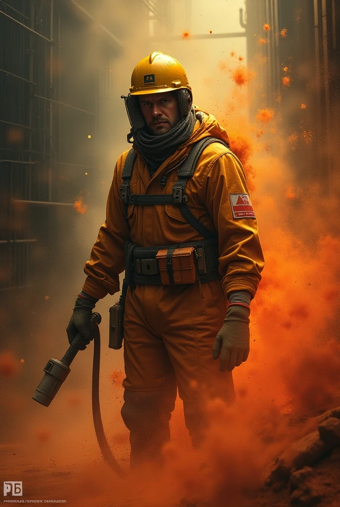 Male firefighter role,, Yellow eyes, Wear a fire suit, graffiti style background, highly detailed back ground, Perfect masterpiece, High quality, high resolution