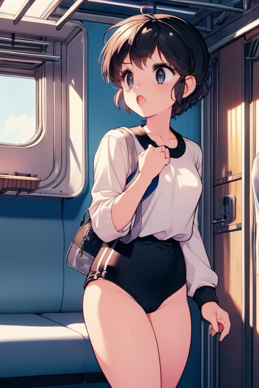 a  Girl,   wearing a Black gymnastics bloomers, High leg、white blouse 、Scared girl、shout、Convulsing with fear、 railroad crossing、Standing inside a railroad 、train、Alone