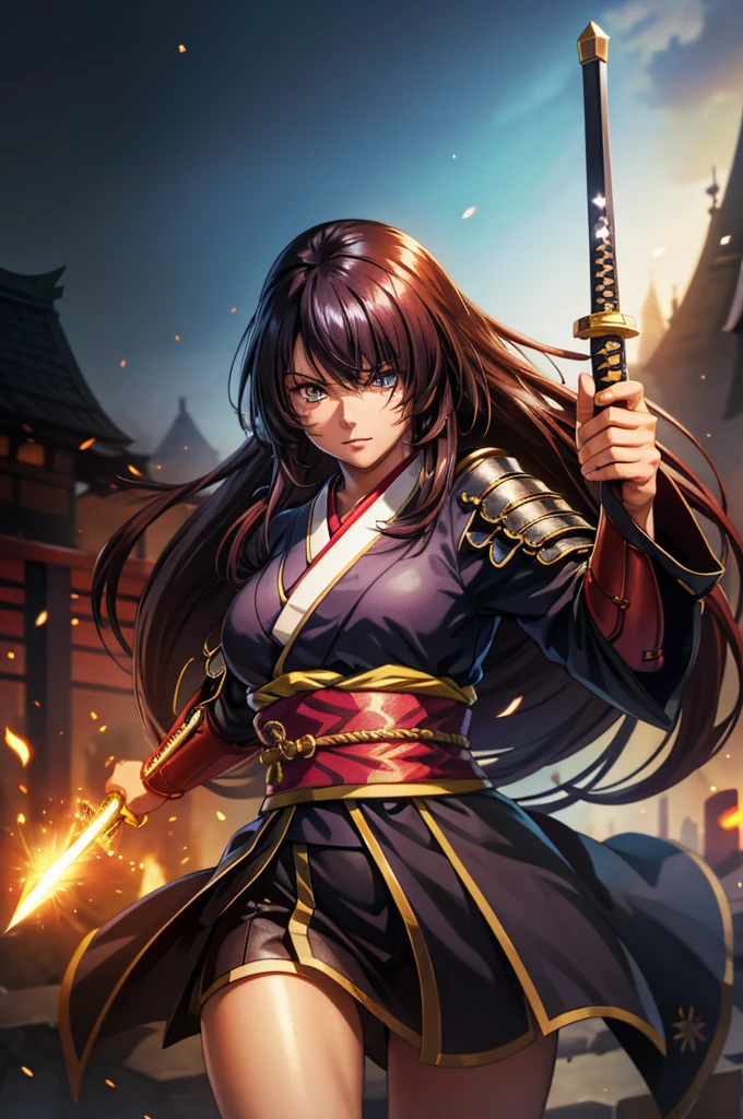 1 girl in armor, Wearing light armor, dark-skinnedfemale, intence sirious, snake pupils, golden eyes, dark red hair, もみあげ, hair over one eye, long hair, black kimono, dynamic pose hand holding a sword gripping katana in hand, japanese old castle in the background, cinematic lighting, cowboy shot, close-up, UHD, retina, masterpiece, accurate, anatomically correct, textured skin, super detail, high details, high quality, award winning, best quality, highres