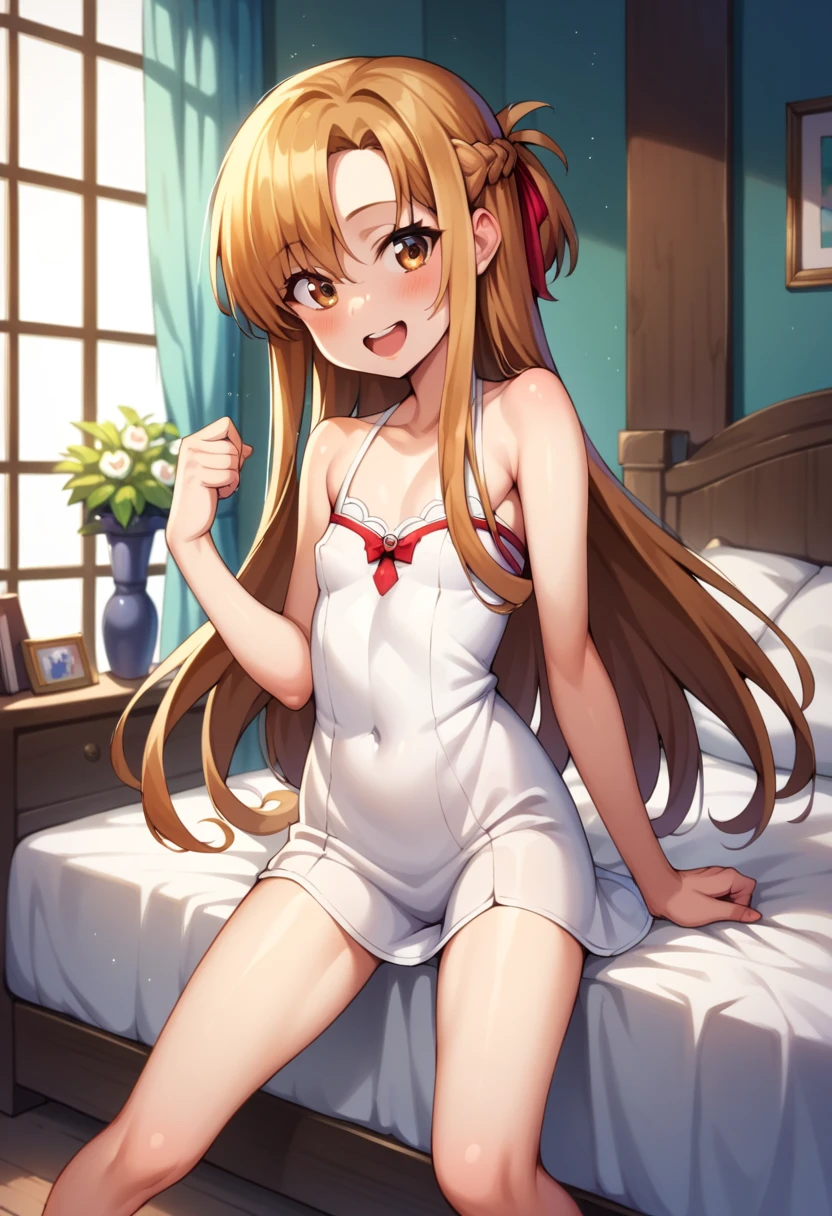 (( best quality)), ((masterpiece)), (be familiar with),  perfect face, indoor, bedroom,  watching viewers ,
One woman,  Asuna Yuki,
 characters with open mouth ,  ecstatic expression with hands in front of body, blush, smile,
Small breasts,  flat chest, Young girl, Lori,  ,  girl,
 long hair,  long hair,
Leg spread,