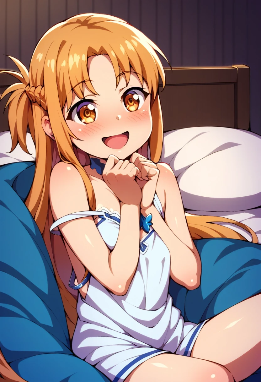 (( best quality)), ((masterpiece)), (be familiar with),  perfect face, indoor, bedroom,  watching viewers ,
One woman,  Asuna Yuki,
 characters with open mouth ,  ecstatic expression with hands in front of body, blush, smile,
Small breasts,  flat chest, Young girl, Lori,  kids,  girl,
 long hair,  long hair,
Leg spread,