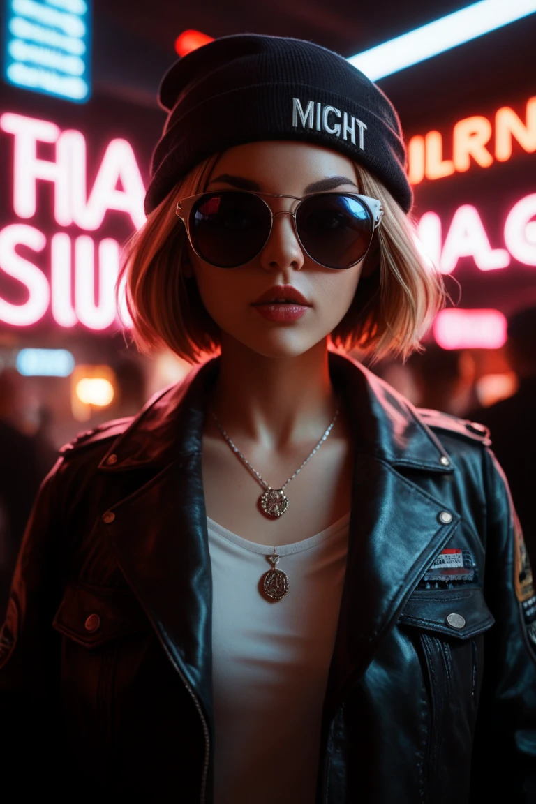 Enlarged face ,  alternative girl ,  background looking through black sunglasses, jacket, necklace,  reflections of neon light on the skin, Sergeant, makeup,  Skin imperfections,  Short hair, beanie hat, neon lights , weak light,  depth of field ,  highly detailed ,  high contrast, film grain, edge lighting, long exposure ,  digital SLR camera