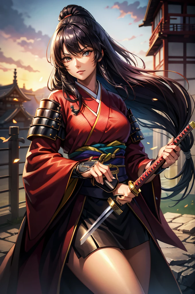 1 girl in armor, Wearing light armor, dark-skinnedfemale, intence sirious, snake pupils, golden eyes, red hair, もみあげ, hair over one eye, long hair, black kimono, dynamic pose hand holding a sword gripping katana in hand, japanese old castle in the background, cinematic lighting, cowboy shot, close-up, UHD, retina, masterpiece, accurate, anatomically correct, textured skin, super detail, high details, high quality, award winning, best quality, highres