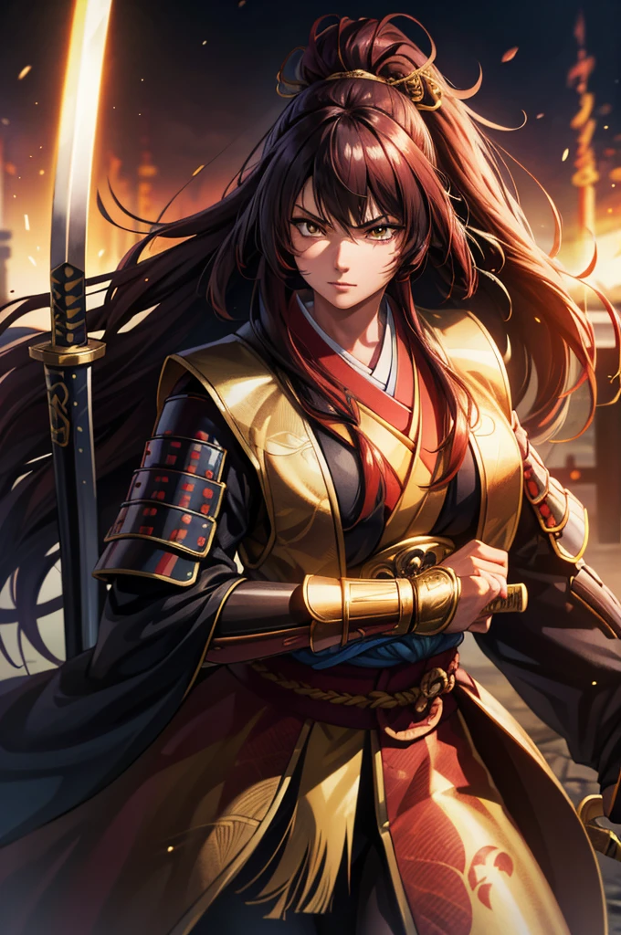 1 girl in armor, Wearing light armor, dark-skinnedfemale, intence sirious, snake pupils, golden eyes, red hair, もみあげ, hair over one eye, long hair, black kimono, dynamic pose hand holding a sword gripping katana in hand, japanese old castle in the background, cinematic lighting, cowboy shot, close-up, UHD, retina, masterpiece, accurate, anatomically correct, textured skin, super detail, high details, high quality, award winning, best quality, highres