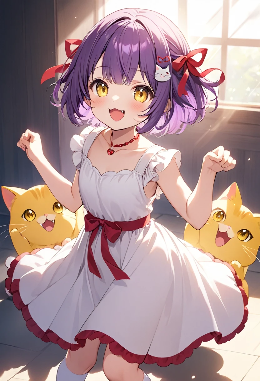  best quality、 1 girl、Very young、 short hair、 Big Ribbon Hair Ornament 、Purple Hair、Yellow cat eyes 、Cute Fangs、Red Ribbon Necklace 、 Red and White Dress、 holding white socks 、Cat Pose、smile、Shade、 Light Shines In 