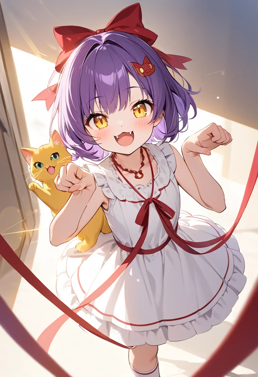  best quality、 1 girl、Very young、 short hair、 Big Ribbon Hair Ornament 、Purple Hair、Yellow cat eyes 、Cute Fangs、Red Ribbon Necklace 、 Red and White Dress、 holding white socks 、Cat Pose、smile、Shade、 Light Shines In 