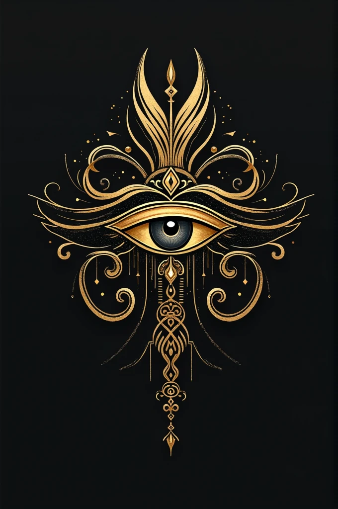 Create an image featuring the Eye of Ra at the center, inspired by ancient Egyptian symbolism. Enhance the design with feminine touches, such as softer, more elegant lines. Transform the pupil into a vertical cat’s eye slit, adding a mysterious and sharp element. Extend the black tear under the eye, making it longer and more fluid, like a flowing stream of ink. In the background, place a softly glowing crescent moon, creating a mystical and serene atmosphere
