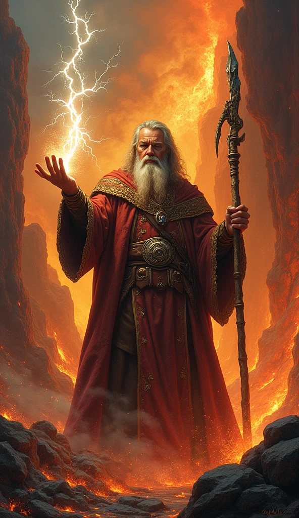 1970s paperback fantasy, a bearded wizard casting lightning from his hand, standing in the middle of an endless pit full of lava and fire