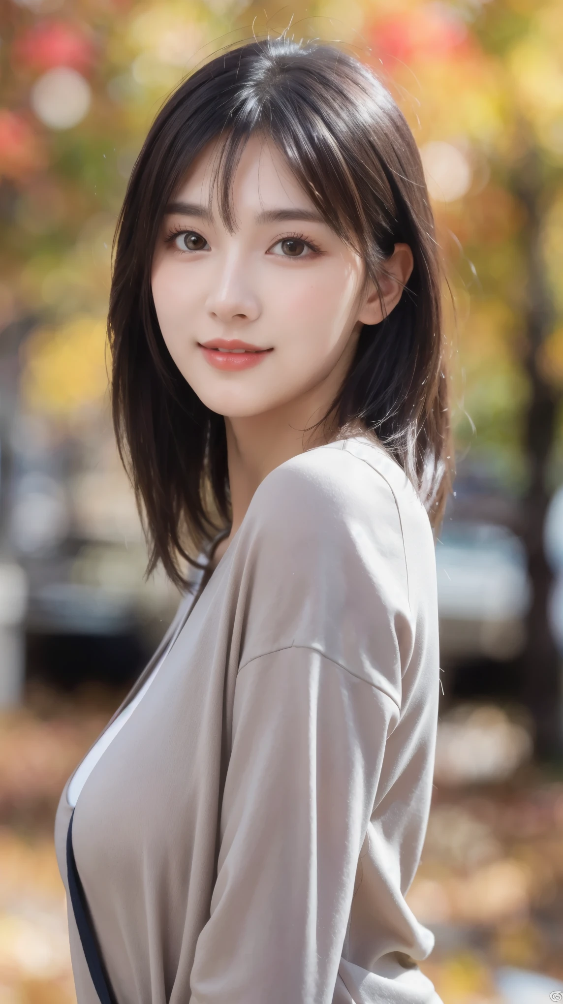(8k, RAW Photo, Best Quality, Masterpiece:1.2), table top, Ultra Detail, Super Resolution, (Realistic, Realistic Photo:1.37), Portrait, High Detail RAW Color Photo, Professional Photo, Extremely Detailed and Beautiful, Extremely detailed, 8k wallpaper, amazing and detailed, huge file size, official art, highly detailed CG unity 8k wallpaper, highly detailed beautiful girl, highly detailed face, highly detailed eyes, highly detailed skin, highly detailed fingers, highly detailed nose, very detailed detailed mouth , perfect anatomy, highly detailed background, highly detailed clothes, (1 girl in), cute girl, realistic body, fair skin, glowing skin , slim body, handsome body, black hair , semilong hair, (blunt bangs:1.2), smile, cute, youthful, cute face, realistic face, delicate eyes, drooping eyes, looking at viewer, facing front, standing posture, Contraposto, (large breasts), (Perfect Body Proportions), (slender Body Proportions), super sexy pose, (late autumn outfit), Detailed and actual skin texture, (The precincts of autumn leaves),