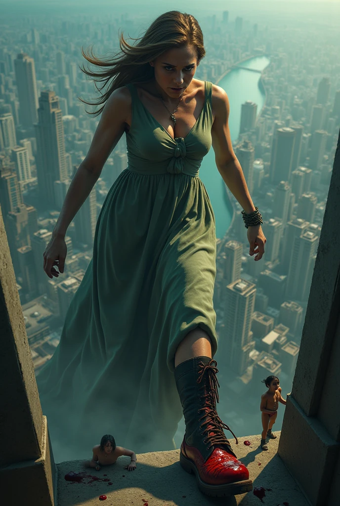   the character looks down on the low point of view named Alice, the young giant in Wonderland . , the character looks down at the cityscape in a way that makes a mockery.  the character looks down on buildings ,  emphasizes the ratio of size to the city 、It highlights her size . Small person々 is crushed under her feet ,  blood splatters on her shoes .