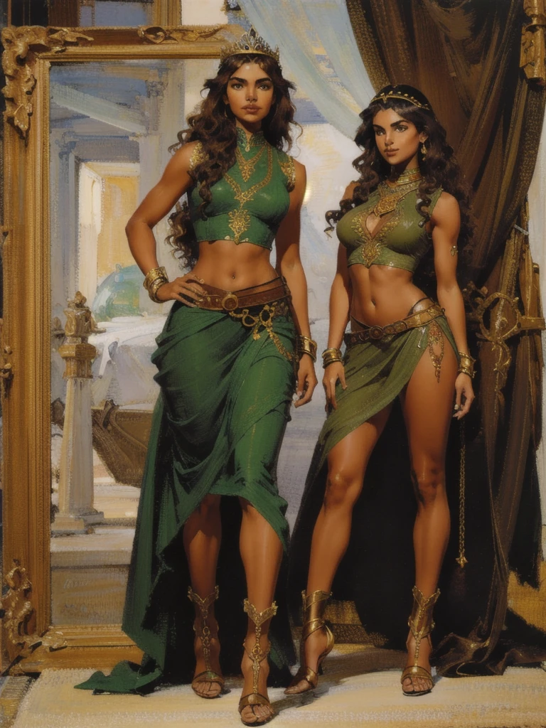 ((best quality)), ((4k)), ((highres)), ((masterpiece:1.2)). ((detailed)), ((ultra realistic)), ((intricate details)), ((full body picture)), ((character design sheet)), ((blank background)), a full body picture of a beautifull middle eastern female, arabic woman, fantasy warrior woman, fantasy odalisque woman, tall woman, fierce pose, perfect face, gorgeous face, detailed eyes, detailed lips, about 25 years old, about 6'0 ft. tall, long crisp curly bushy hair, brown hair, ((emphasis on her long crisp curly bushy brown hair)), slicked back hair, hourglass shaped body, dressed in a fantasy sleeveless desert clothing ((emphasis on her fantasy sleeveless desert clothing)), midriff, ((midriff)), multi-colored outfit, ((emphasis on multi-colored outfit)), boots, chain head tiara, fantasy concept art, fantasy character concept art, full body, full body concept art, full body art
