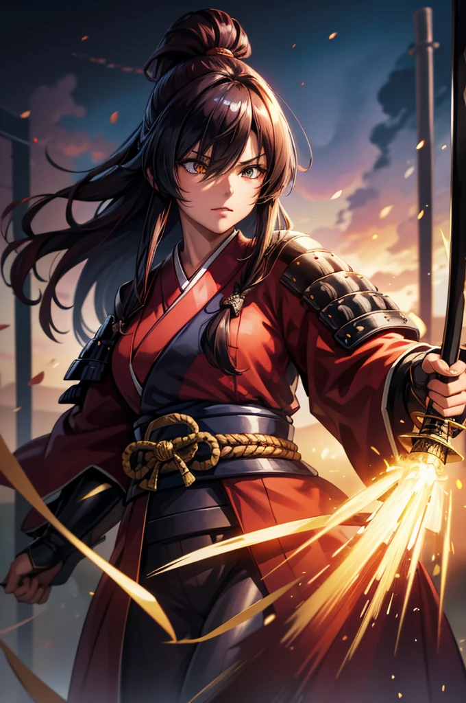 1 girl in armor, Wearing light armor, dark-skinnedfemale, intence sirious, snake pupils, golden eyes, red hair, もみあげ, hair over one eye, long hair, black kimono, holding katana, kanu unchou, japanese old castle in the background, cinematic lighting, cowboy shot, close-up, UHD, retina, masterpiece, accurate, anatomically correct, textured skin, super detail, high details, high quality, award winning, best quality, highres