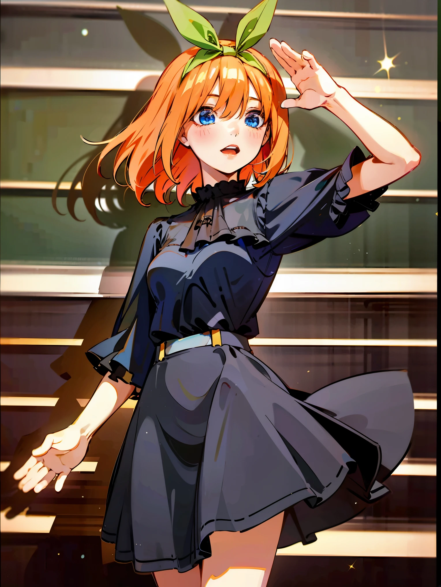 best quality, ultra high res, blush, red lips, pretty  girl with short orange hair, extremely cute and delicate, skinny, hair ribbon, green ribbon, blue eyes, skinny,  aayotsuba, Nakano yotsuba from The Quintessential Quintuplets, yotsuba nakano, cowboy shot, straight shoulder length hair, dark blue eyes, sparkling eyes, Exquisite details, expressive characters, wearing a cosy velvet dress, wrapped in velvet, black velvet, velvet fabric, dynamic pose, expressive face, sfw