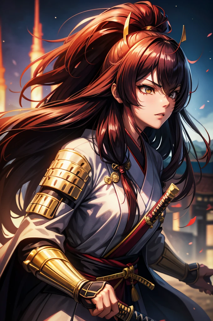 1 girl in armor, Wearing light armor, dark-skinnedfemale, intence sirious, snake pupils, golden eyes, red hair, もみあげ, hair over one eye, long hair, black kimono, holding katana, kanu unchou, japanese old castle in the background, cinematic lighting, cowboy shot, close-up, UHD, retina, masterpiece, accurate, anatomically correct, textured skin, super detail, high details, high quality, award winning, best quality, highres