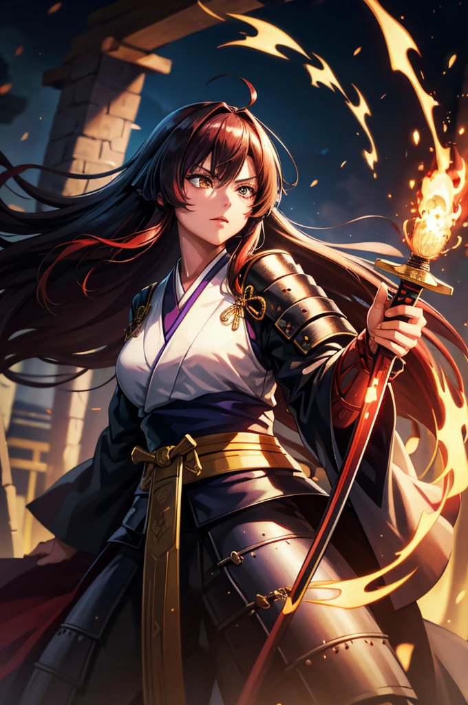 1 girl in armor, Wearing light armor, dark-skinnedfemale, intence sirious, snake pupils, golden eyes, red hair, もみあげ, hair over one eye, long hair, black kimono, holding sharp sword, kanu unchou, japanese old castle in the background, cinematic lighting, cowboy shot, close-up, UHD, retina, masterpiece, accurate, anatomically correct, textured skin, super detail, high details, high quality, award winning, best quality, highres