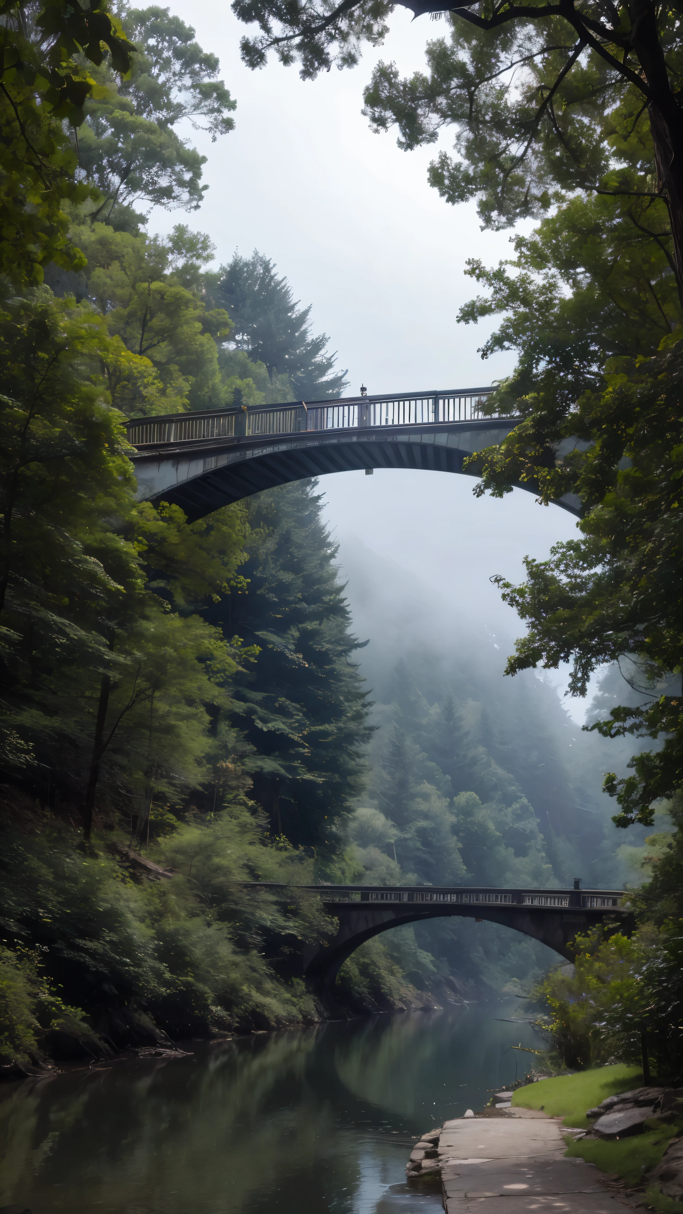  highdefinition images, An old bridge shrouded in fog、 deep valleys in an image taken from the side、An old suspension bridge connecting 。