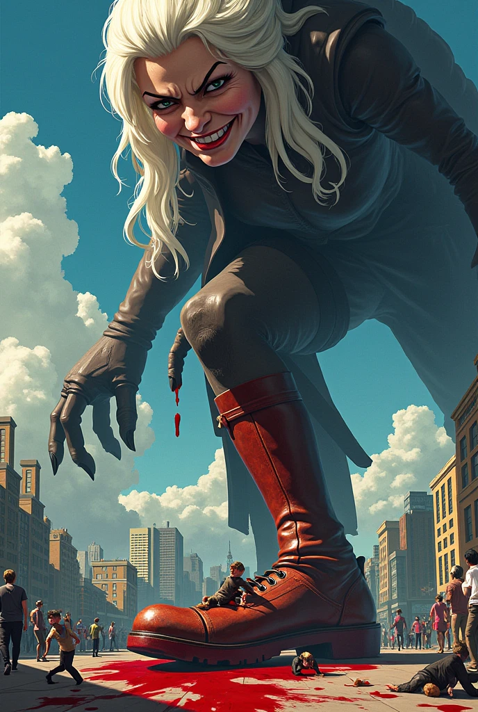  Giant Girl's Low Perspective .  The Girl Is Looking Down at the Streetscape in a Mocking Way、 The Girl Is Looking Down at Buildings ,  emphasizes the ratio of size to the city 、It highlights her size . Small person々 is crushed under her feet ,  blood splatters on her shoes 、 smirking 、 bright 