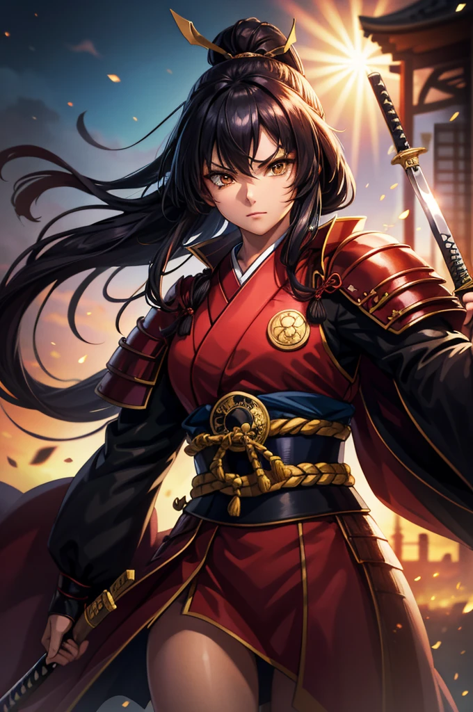 1 girl in armor, Wearing light armor, dark-skinnedfemale, intence sirious, snake pupils, golden eyes, red hair, もみあげ, ahoge, hair over one eye, long hair, black kimono, holding sharp sword, kanu unchou, japanese old castle in the background, cinematic lighting, cowboy shot, close-up, UHD, retina, masterpiece, accurate, anatomically correct, textured skin, super detail, high details, high quality, award winning, best quality, highres