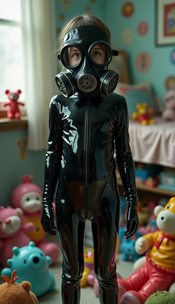 An I-cup elementary school girl in a tight-fitting black rubber suit is wearing an oxygen mask with no goggles but a hose. She is not underwater.