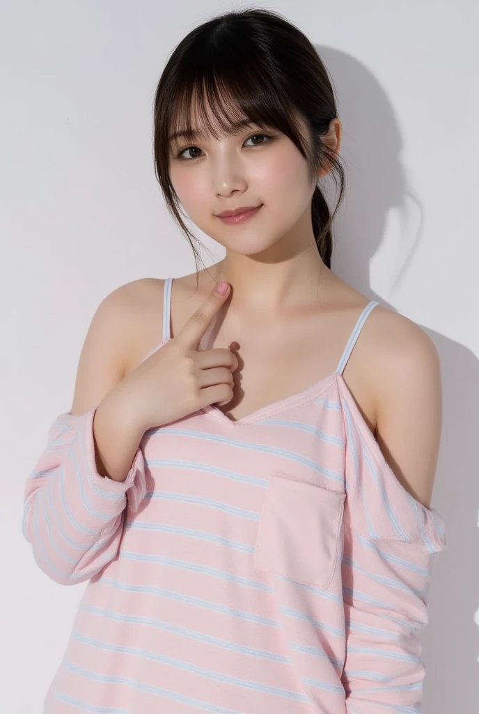 Only one woman with a cute smile wears cute, fluffy off-shoulder pajamas, makes a big heart shape with both hands, and poses them in front of her chest, View above collarbone、The background is a monotone 、
