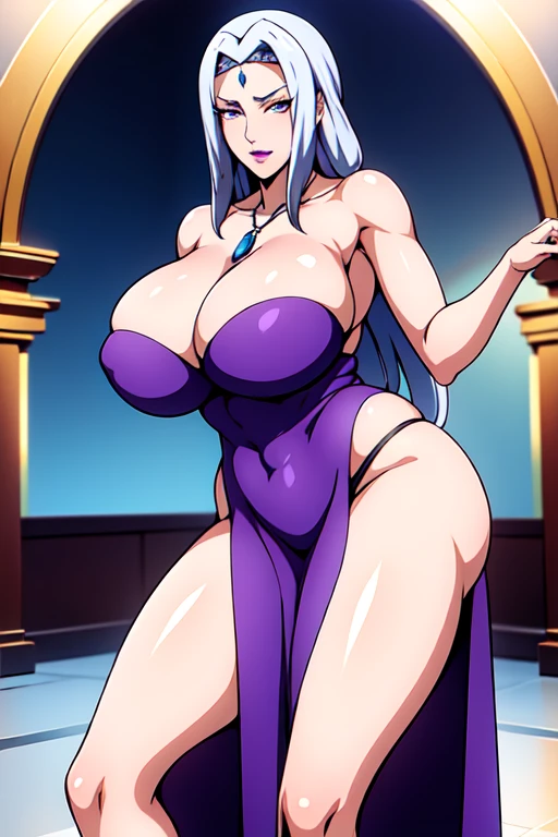 a mature villainess, (40 years old), with a sensible, determined and villainous expression with long, straight purple hair that falls on her shoulders, and intense purple eyes, beautiful purple lips, wearing a kind of diadem or accessory on her head, It could be metal or jewelry.  (huge breasts: 1.1), Long Greek style dress in blue and lavender tones with a fluid design that falls to the floor and has a leg opening. correct, which exposes part of her leg, Her arms are adorned with bracelets at the top and on the wrists, while on her neck she wears a simple necklace, a Greek goddess, of imposing appearance, wrapped in shades of blue light that highlight your facial features and expression. She wears a tiara or diadem adorning her forehead, suggesting high or even royal status. white background, best quality, high resolution, ultra detailed image.