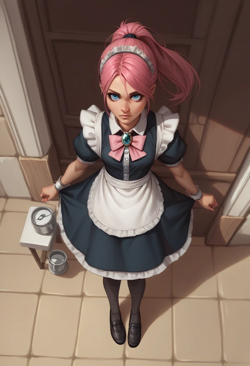 score_9, score_8_above, score_7_above, score_6_above, score_5_above, score_4_above, Assessment_  questionable , to break, 1 ,  Feliciadef, pink hair,  ponytail , blue eyes, Maid headphone , brooch, maid&#39;s apron, knee-high brown boots,  Being scolded by Corrin, with a regretful posture ,  image with her whole body 