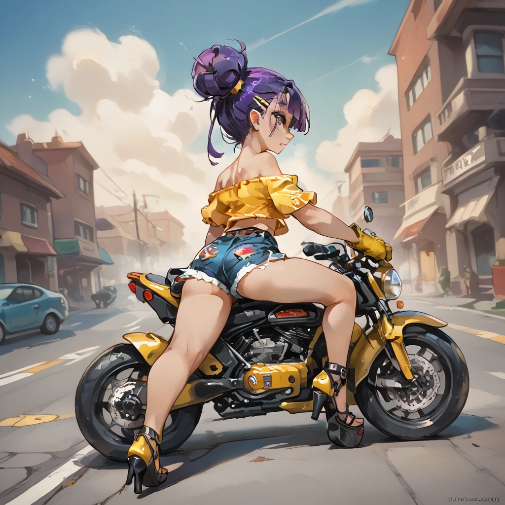 sexy girl, score_9, score_8_up, score_7_up , Generate an anime-style illustration of a fashionable young woman sitting on a high-performance black and yellow motorcycle, viewed from the rear at an angle. The character has short purple hair tied in a loose bun with colorful hairpins. She wears a torn, off-shoulder yellow top, tight blue denim shorts, yellow gloves, and bold red high heels. The motorcycle features detailed mechanical parts, a prominent rear tire, and a visible license plate reading 'EL ELECTRIC.' The setting is a scenic open road with a highway guardrail, under a pale greenish-yellow sky with soft, fluffy clouds. The lighting is warm and diffused, with fine attention to detail on textures like the motorcycle's metallic surfaces, the character's skin, and her clothing. Ensure a dynamic composition with a balance between the character, the motorcycle, and the surrounding environment, highlighting the edgy, stylish aesthetic.