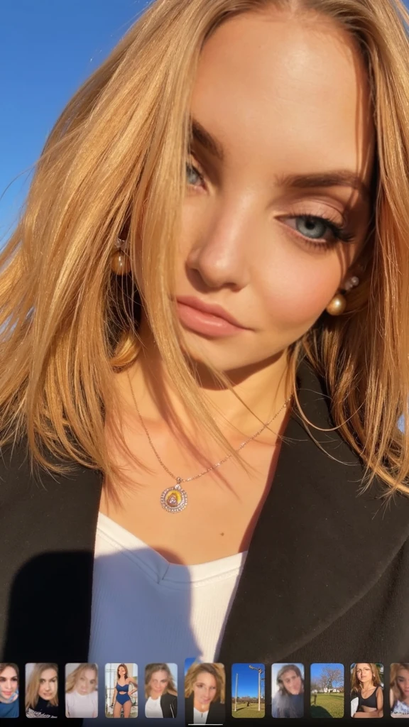 best quality, masterpiece, photo realistic, 8k, 4k, extreme res, ultra high res, dynamic lighting, real lighting, sophiadiamond, day, jewelry,looking_at_viewer, necklace, outdoors, parted_lips,sky, solo, teeth, tree, upper_body