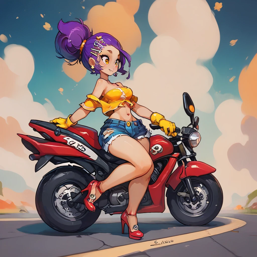 sexy girl, score_9, score_8_up, score_7_up , Generate an anime-style illustration of a fashionable young woman sitting on a high-performance black and yellow motorcycle, viewed from the rear at an angle. The character has short purple hair tied in a loose bun with colorful hairpins. She wears a torn, off-shoulder yellow top, tight blue denim shorts, yellow gloves, and bold red high heels. The motorcycle features detailed mechanical parts, a prominent rear tire, and a visible license plate reading 'EL ELECTRIC.' The setting is a scenic open road with a highway guardrail, under a pale greenish-yellow sky with soft, fluffy clouds. The lighting is warm and diffused, with fine attention to detail on textures like the motorcycle's metallic surfaces, the character's skin, and her clothing. Ensure a dynamic composition with a balance between the character, the motorcycle, and the surrounding environment, highlighting the edgy, stylish aesthetic.