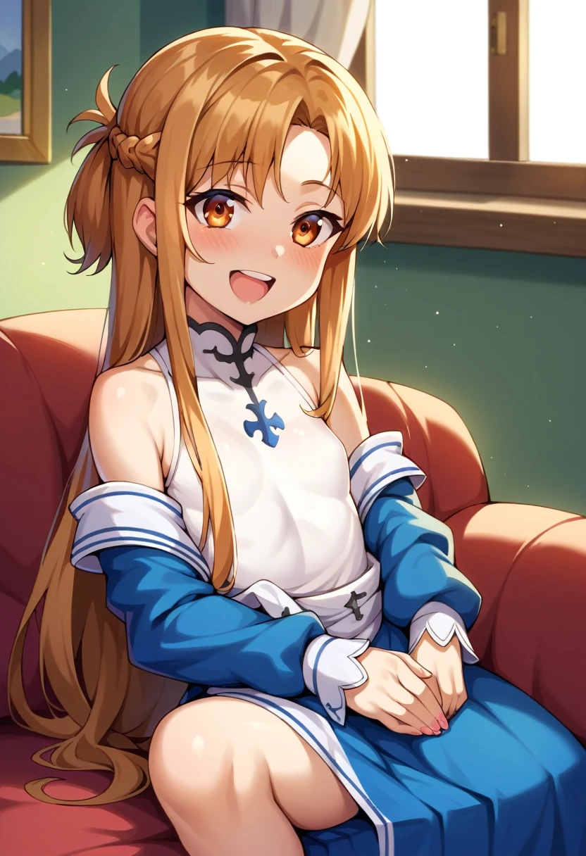 (( best quality)), ((masterpiece)), (be familiar with),  perfect face, indoor, bedroom,  watching viewers ,
One woman,  Asuna Yuki,
 characters with open mouth ,  ecstatic expression with hands in front of body, blush, smile,
Small breasts,  flat chest, Young girl, Lori,  kids,  girl,
 long hair,  long hair,
Leg spread,