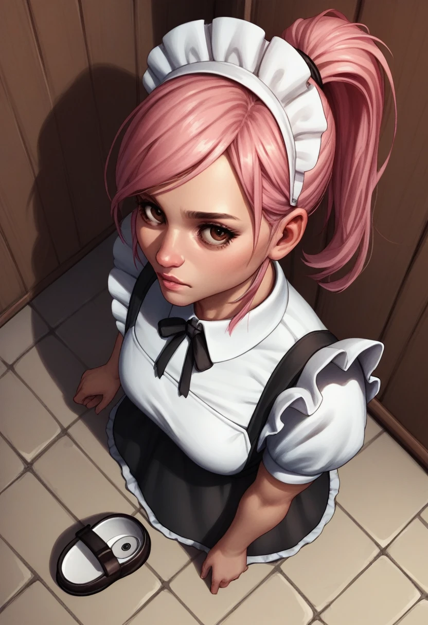 score_9, score_8_above, score_7_above, score_6_above, score_5_above, score_4_above, Assessment_ questionable , to break, 1 ,  Feliciadef, pink hair,  ponytail ,  brown eyes , Maid headphone , maid&#39;s apron, knee-high brown boots,  Being scolded by Corrin, with a regretful posture , Front image with your entire body