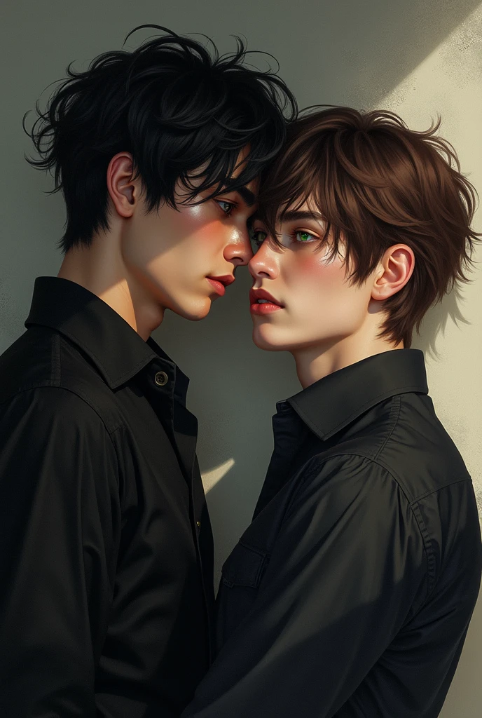 felix/Stray kids natural realistic man, with freckles on her cheeks, with honey-colored eyes, dressed in cute oversized clothing, kissing on the lips, in Hyunjin/Realistic Stray Kids with dark hair, blue-gray eyes, with a tattooed neck, like the hands, Dressed in black suit. 