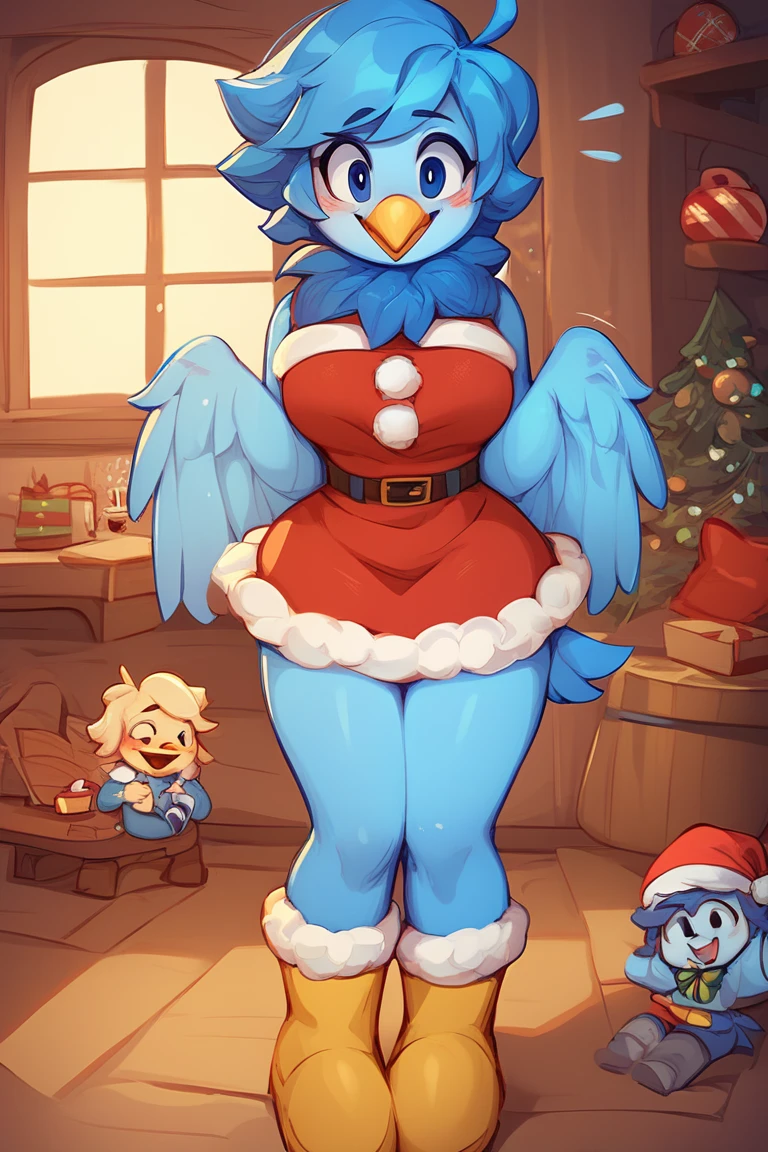 Martlet ,  Undertale Yellow , short blue hair, Blue plumage ,  Wings instead of arms ,  fitted blue long patalon ,  gray bird legs ,  short blue bird tail ,  plumage around his light blue neck,  yellow bird beak ,  Simple background, blush, Avián , anthropomorphic, FE, happy smile, trajes de Santa Claus FE, looking at the viewer, breasts, inside a cabin, Christmas.